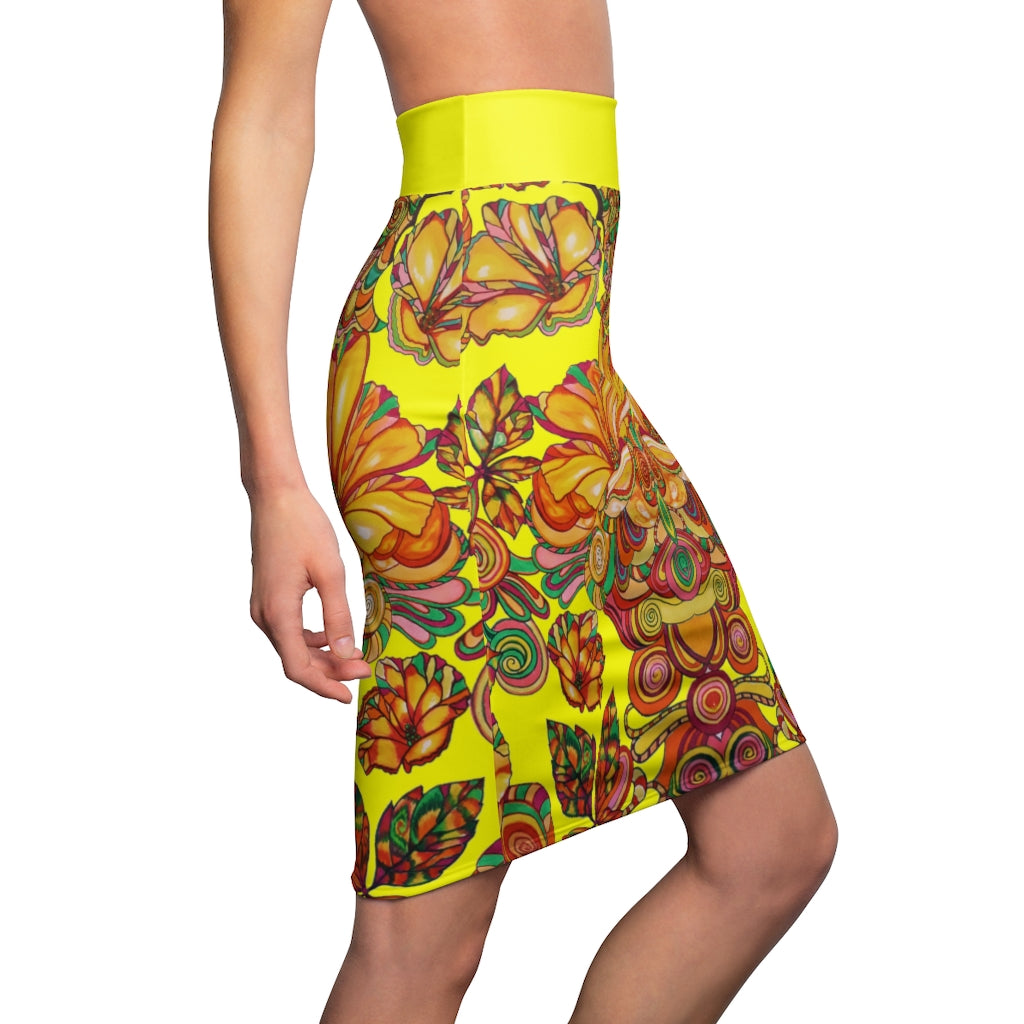 Artsy Floral Canary Pencil Skirt