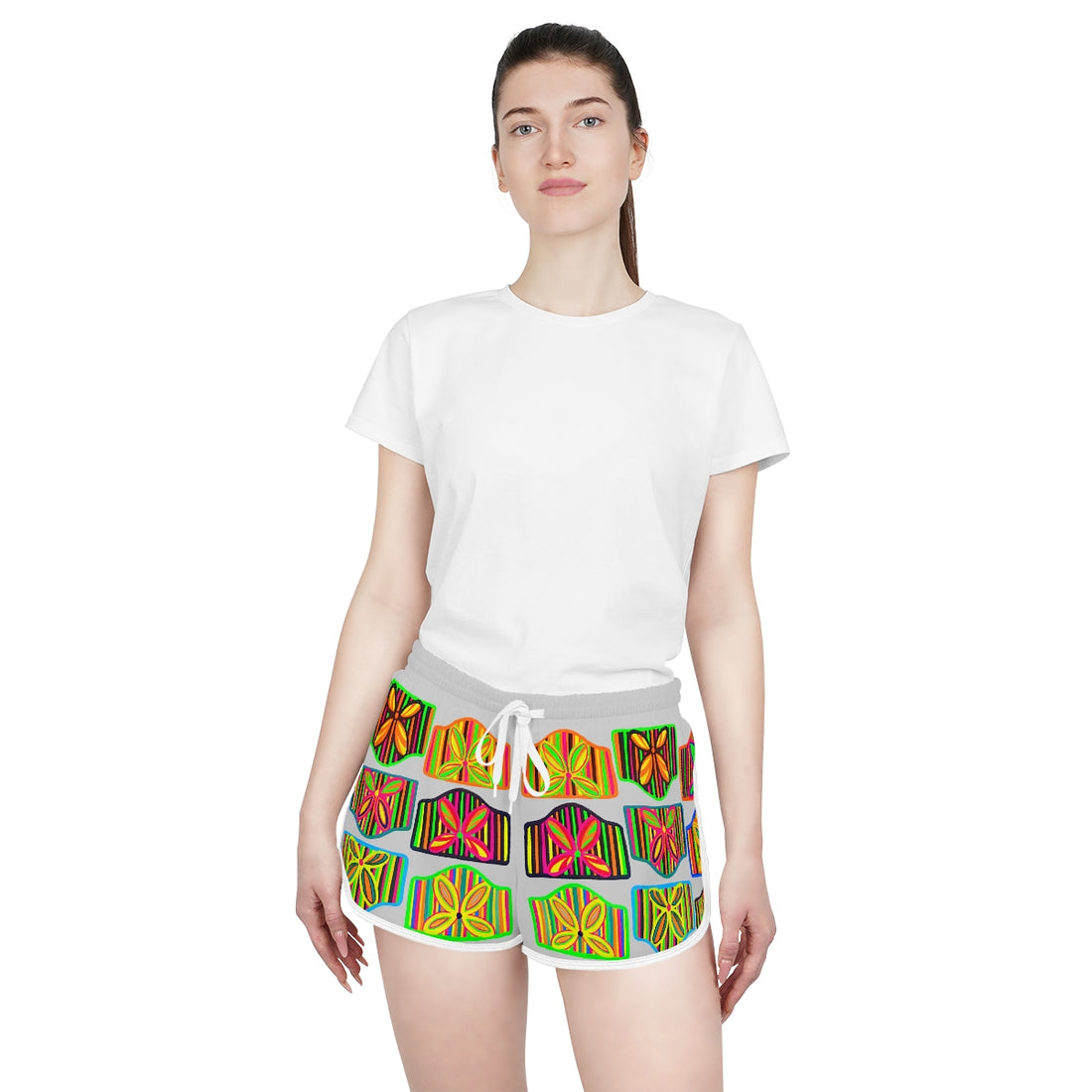 slate art deco print relaxed gym shorts for women