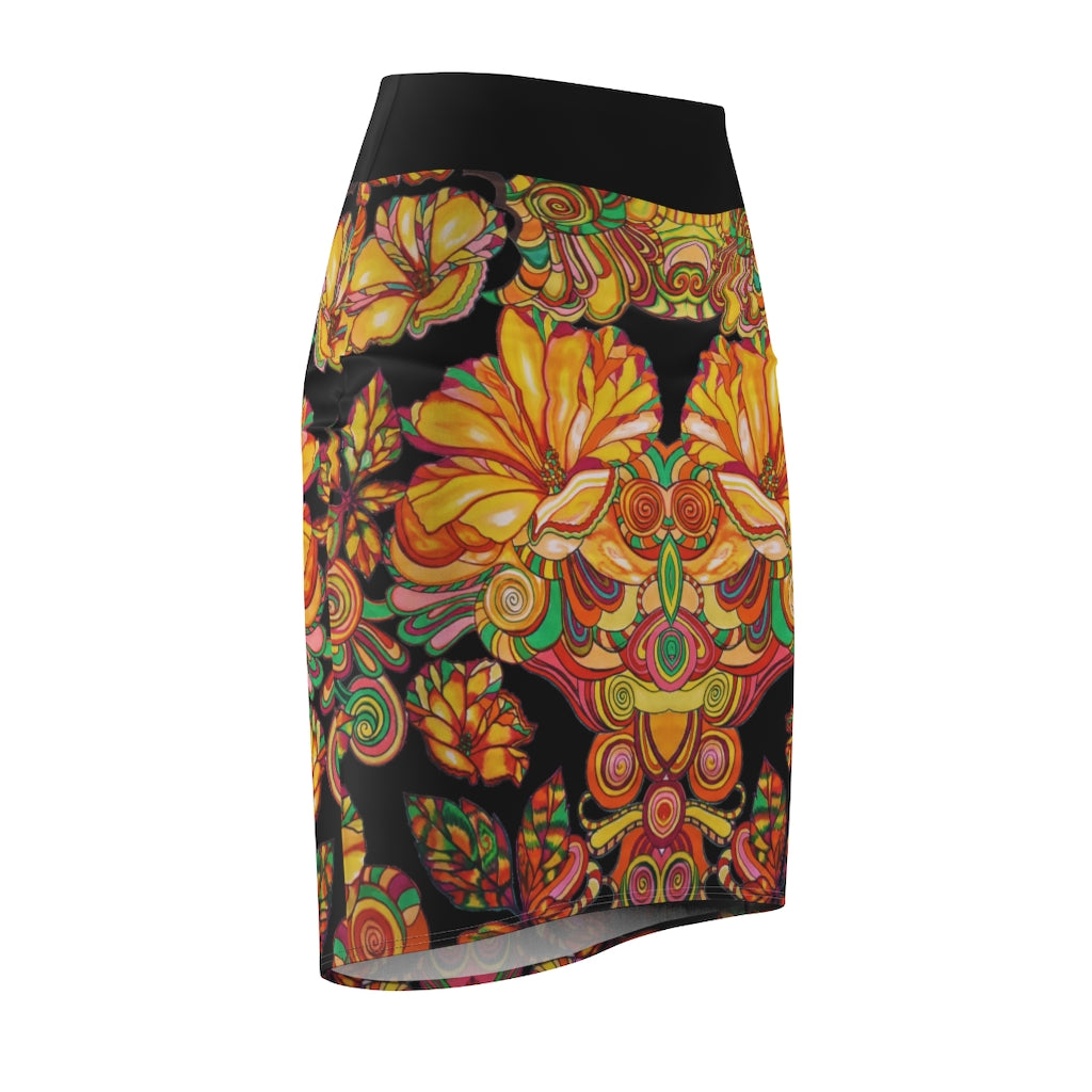 Artsy Floral Black Pencil Skirt