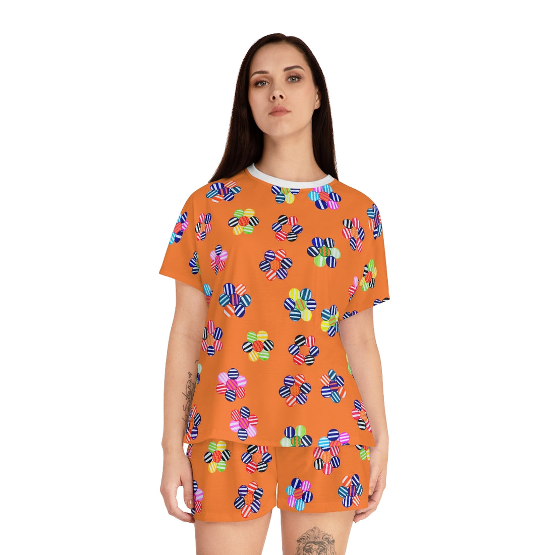 peach geometric floral shorts & t-shirt pajama set