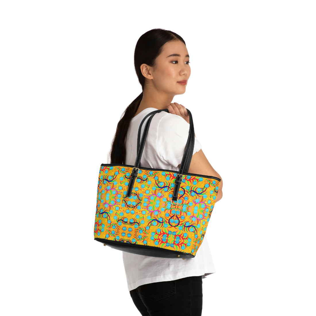 yellow sunflower print pu leather zipper tote bag