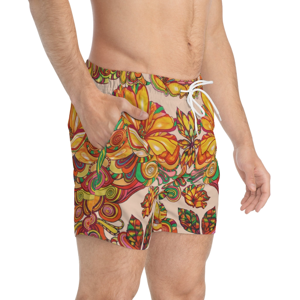 Artsy Floral Men's Nude Swimming Trunks