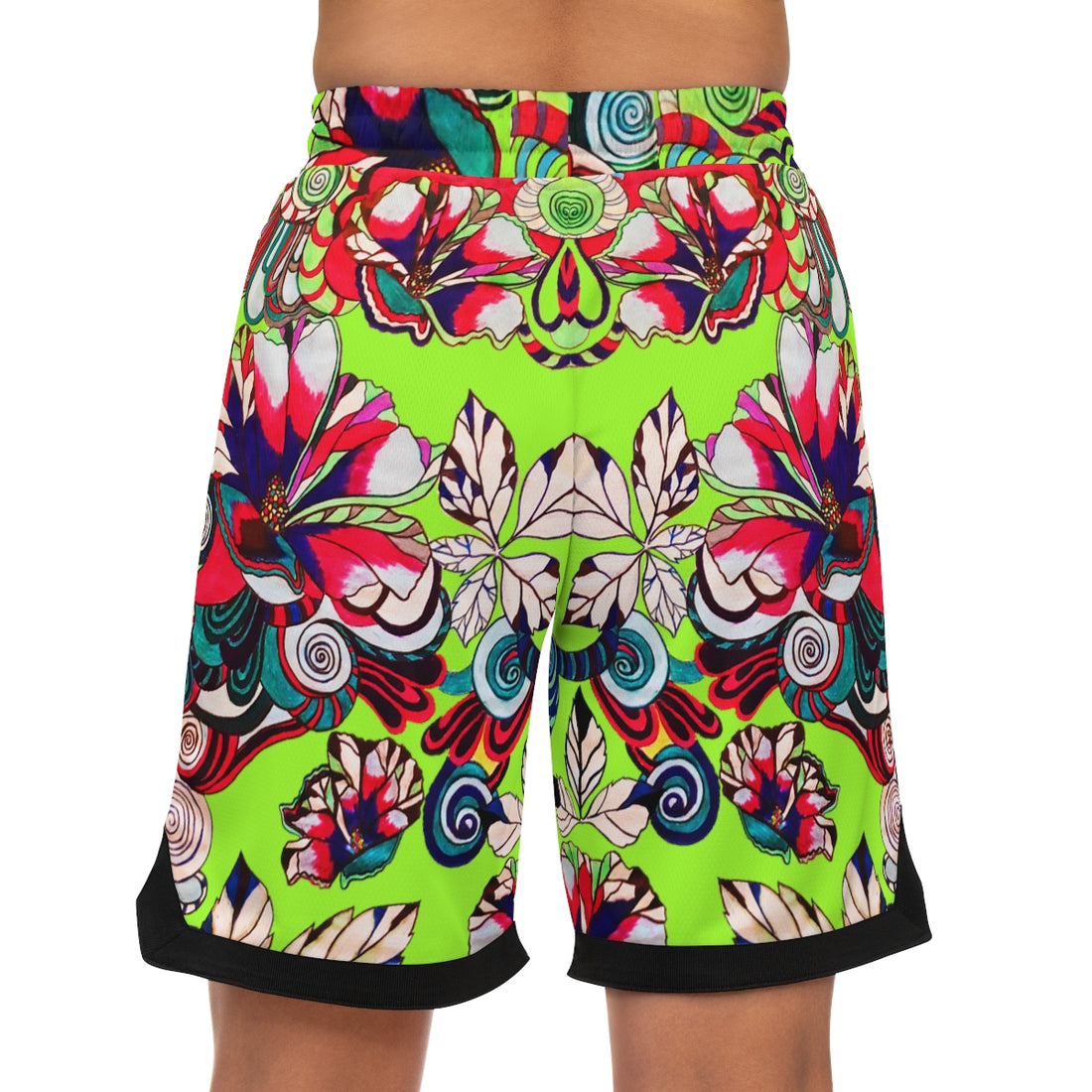 Lime Green Graphic Floral Basketball Rib Shorts (AOP)