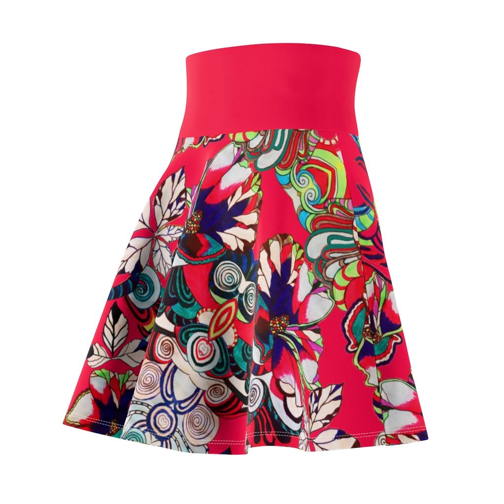 Graphic Floral Red Skater Skirt