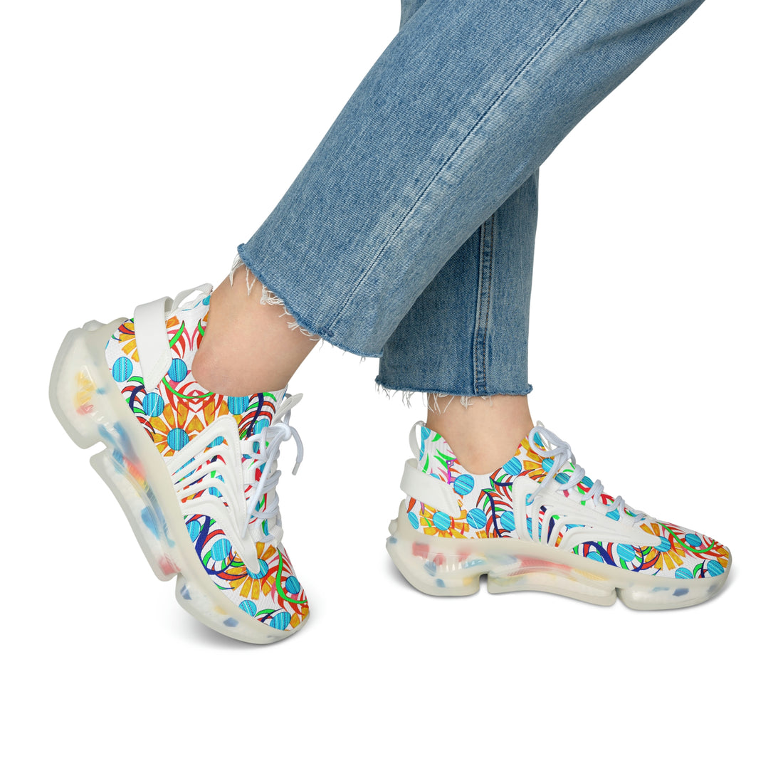 White Sunflower Printed OTT Women's Mesh Knit Sneakers