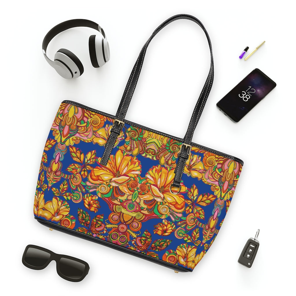 cobalt floral print tote bag