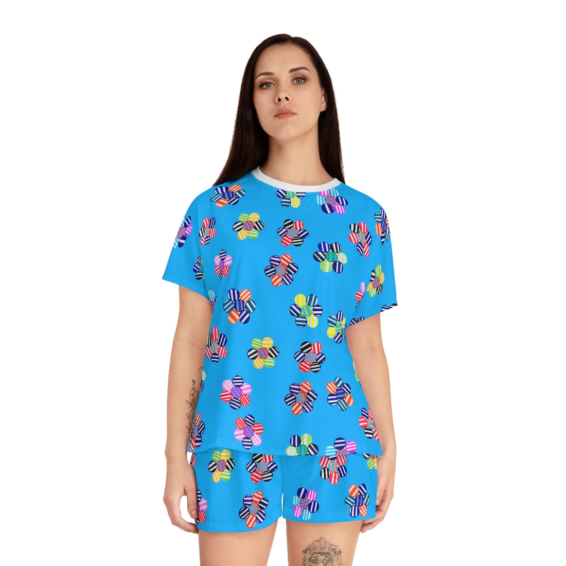 aqua geometric floral shorts & t-shirt pajama set