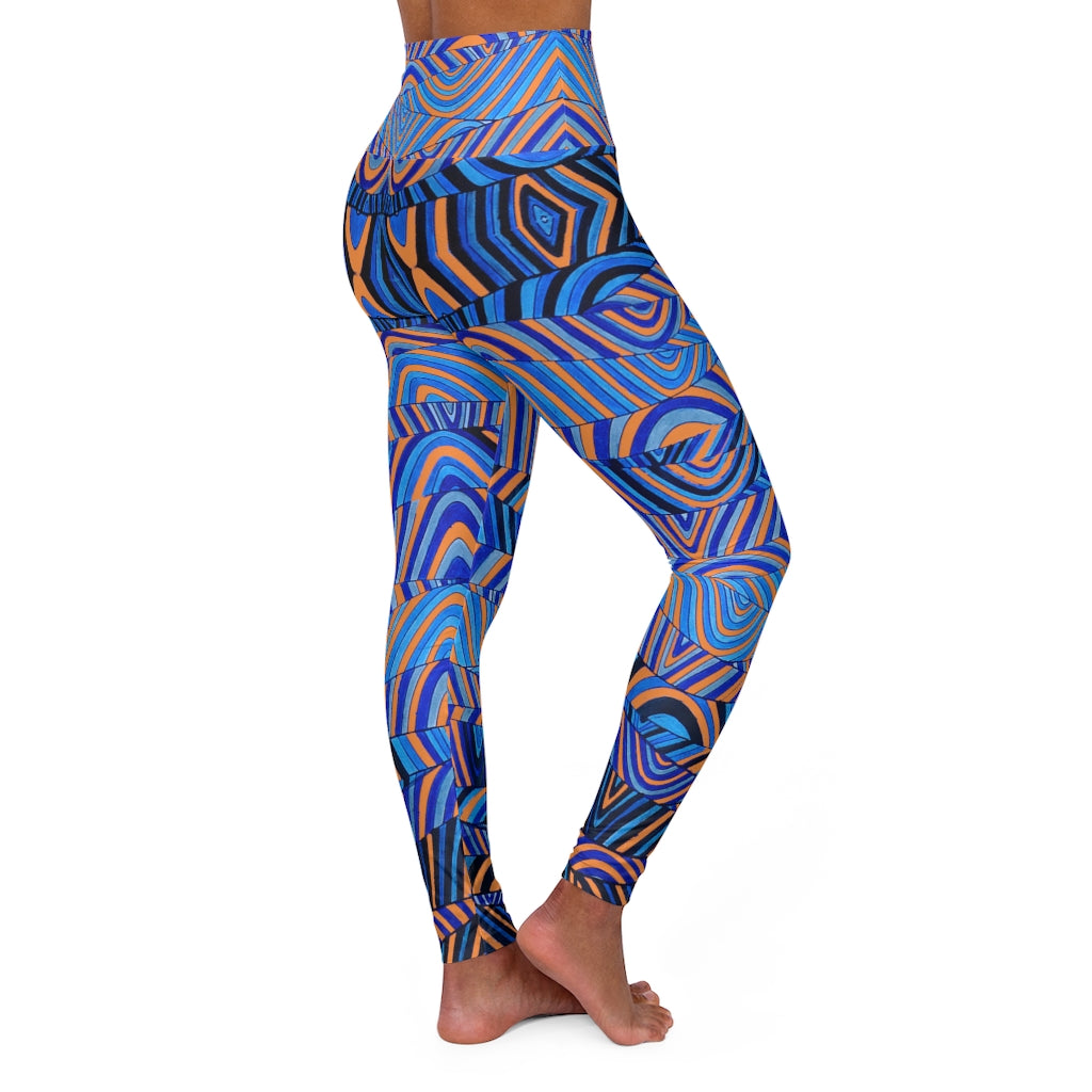 peach & blue psychedelic print yoga athleisure leggings for women