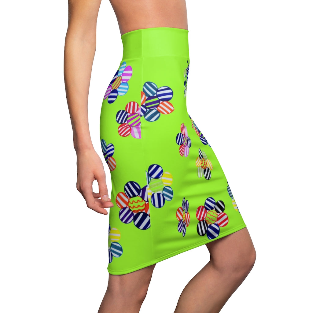 Lime Candy Florals Print Pencil Skirt