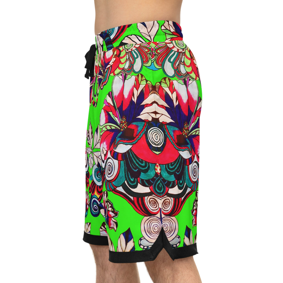 Neon Green Graphic Floral Basketball Rib Shorts (AOP)