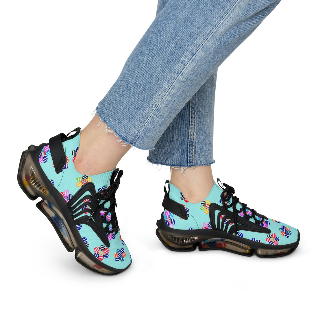 Icy Blue Candy Floral Printed OTT Women's Mesh Knit Sneakers