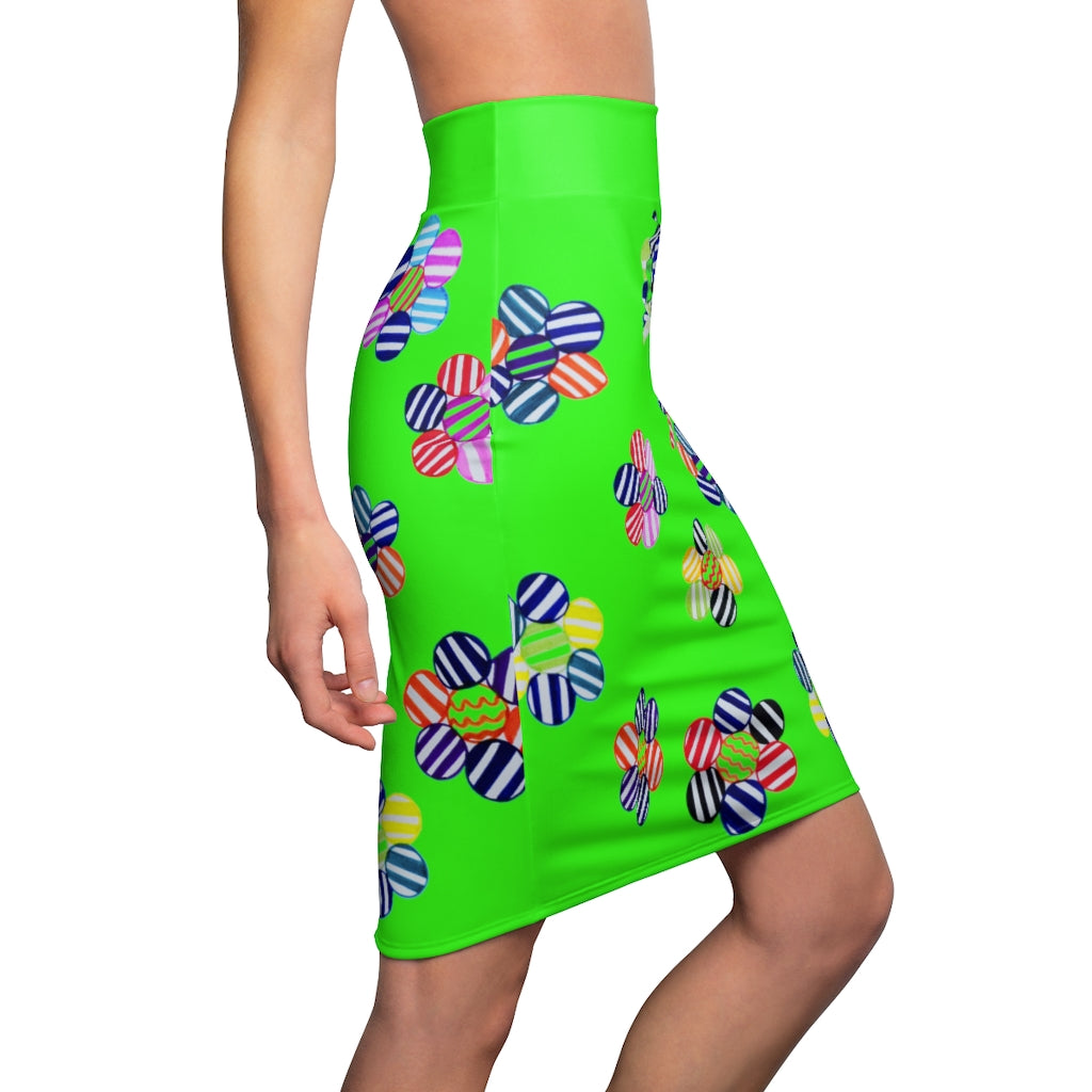 Neon Green Candy Florals Print Pencil Skirt