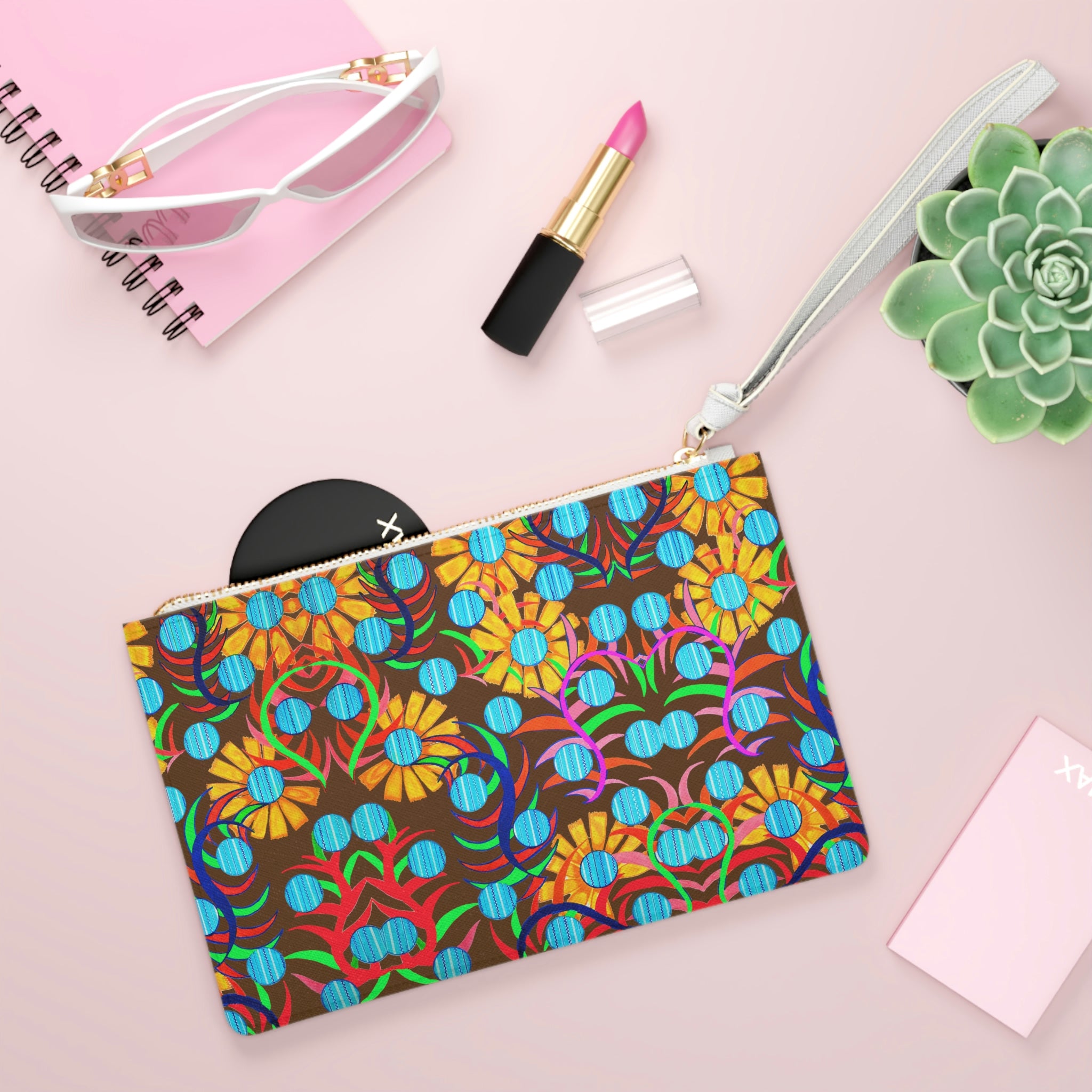 Brown Sunflower Print Clutch Bag