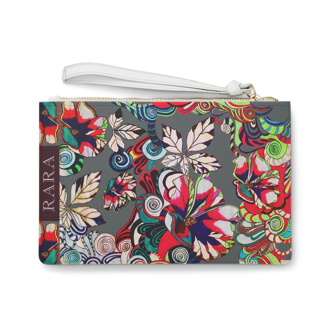 ash grey graphic floral clutch