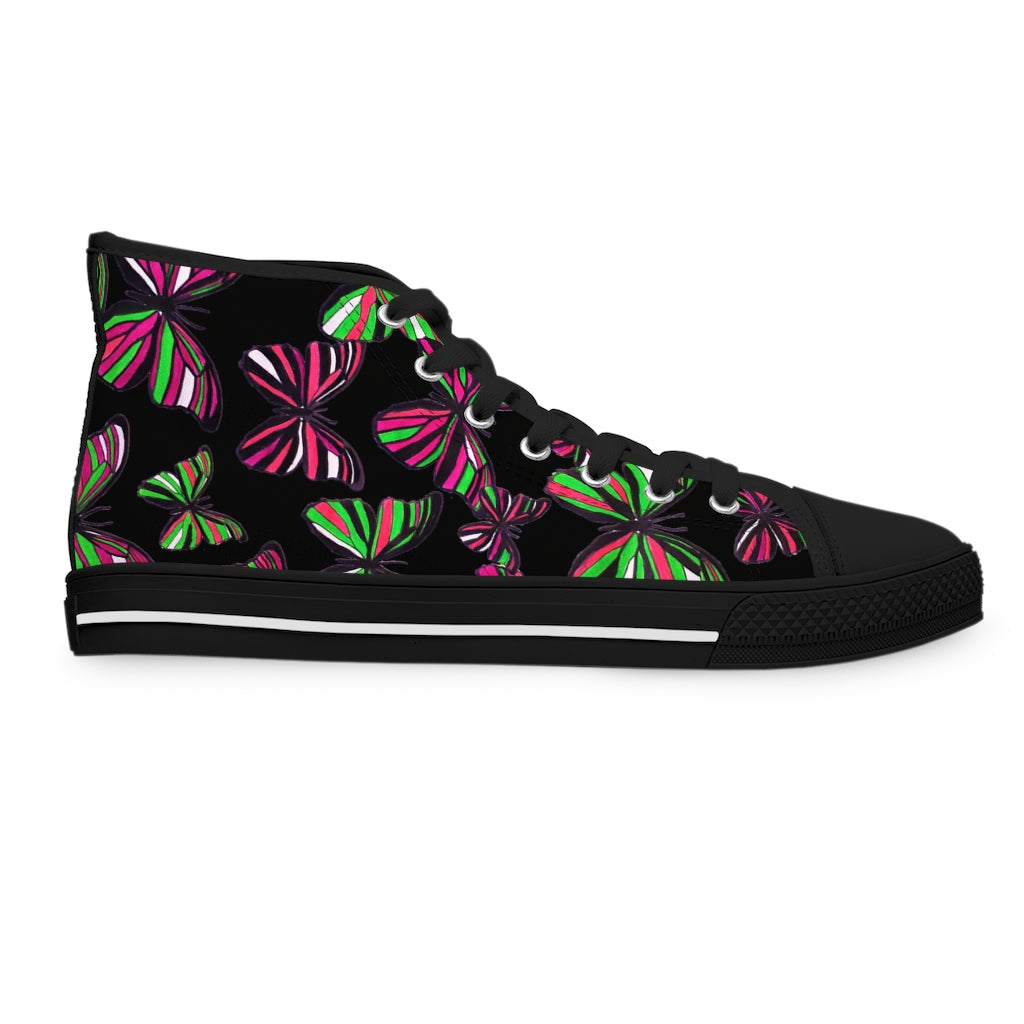 black butterfly print canvas women's high top sneakers 