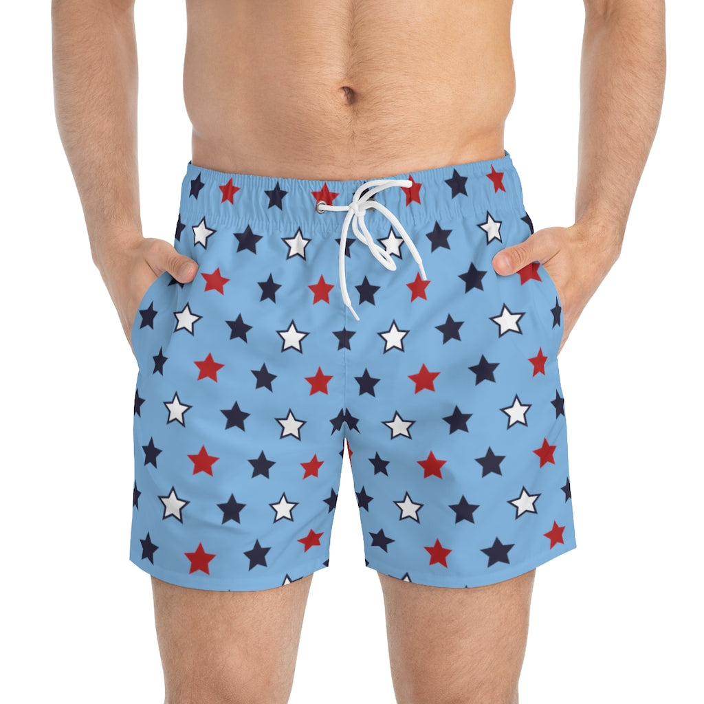 sky blue star print 4th of July men's swimming trunks by labelrara