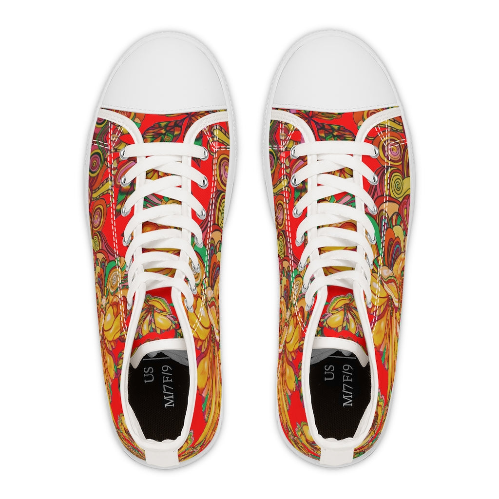 red floral print canvas high top sneakers for women