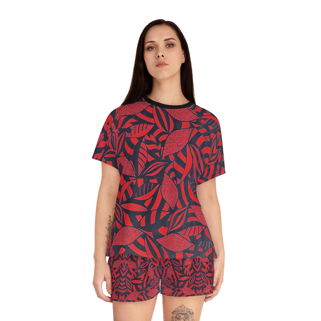 Red Tropical Minimalist Short Pajama Set (AOP)