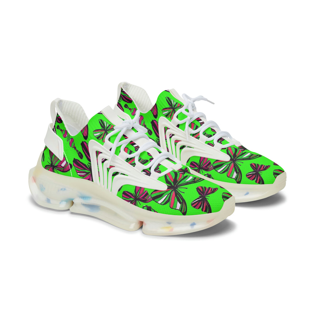 neon green butterfly print women's mesh knit sneakers