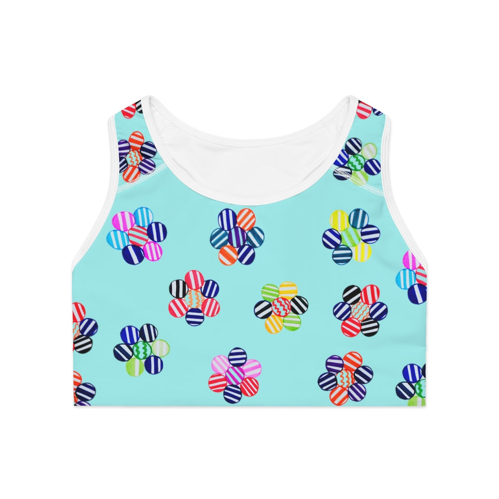 icy blue geometric flowers sports bra 