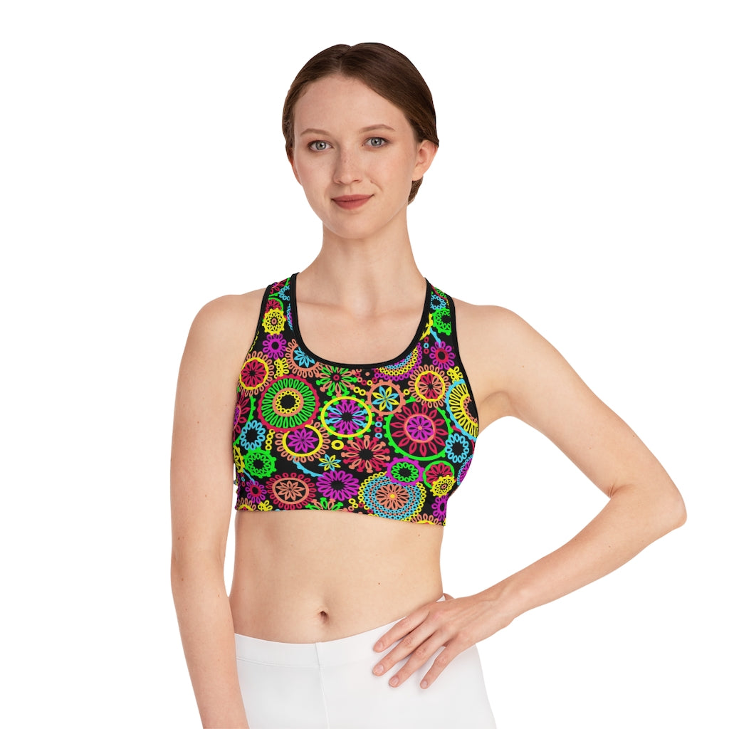 black bohemian print sports bra