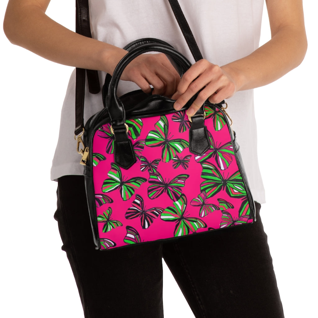 hot pink butterfly print handbag