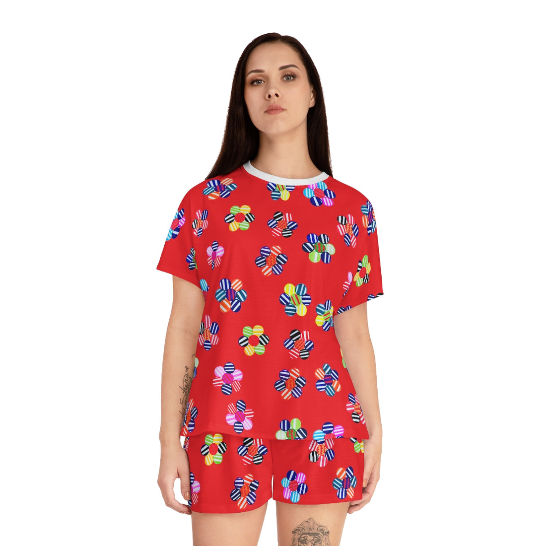 red geometric floral shorts & t-shirt pajama set