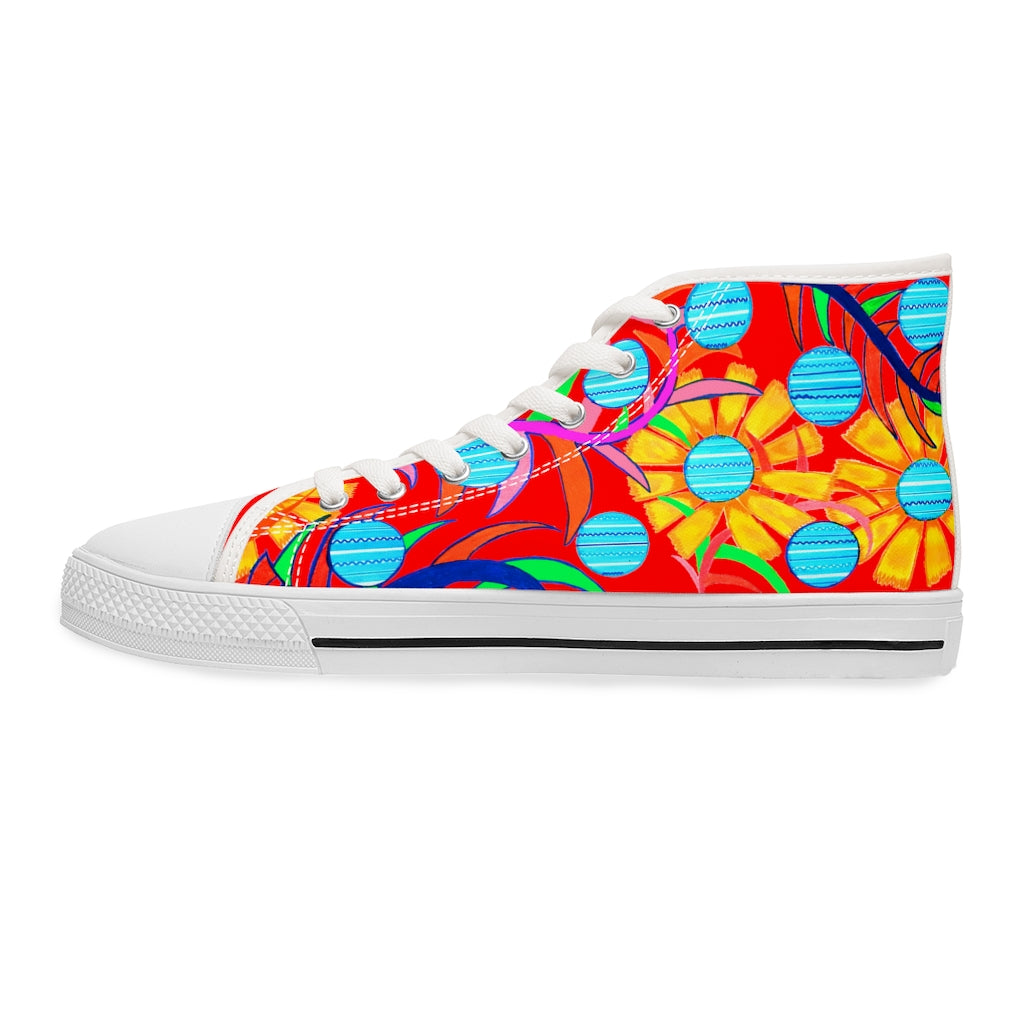 red sunflower print women's hightop canvas sneakers 