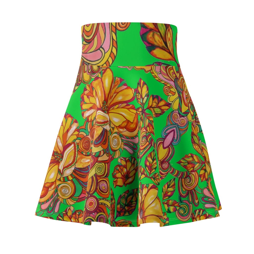Artsy Floral Lawn Green Skater Skirt
