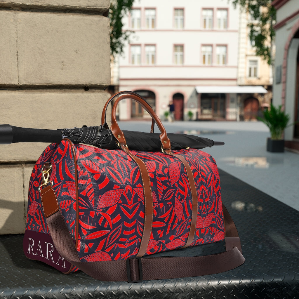 red tropical print waterproof duffel bag for travelling