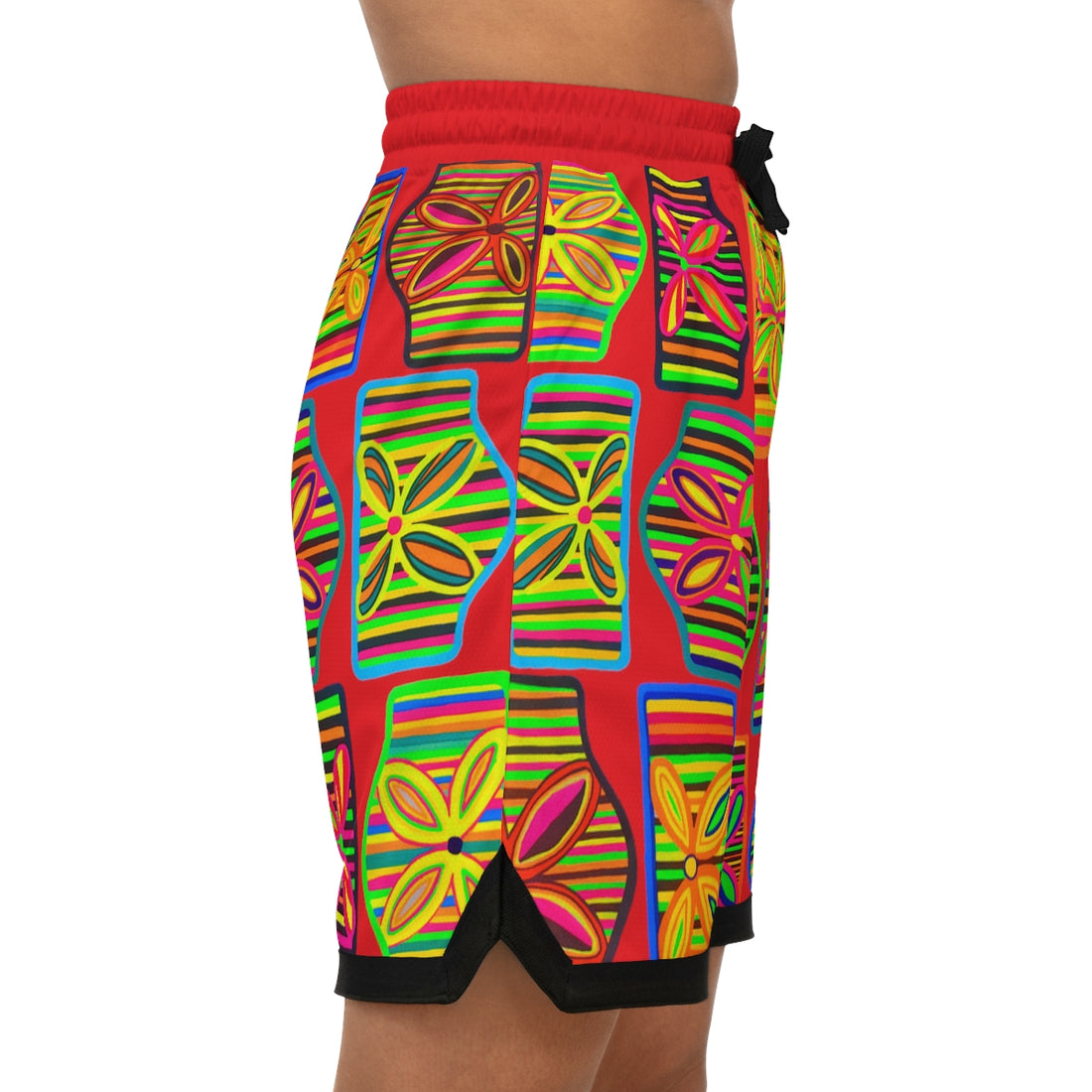 red art deco print basketball shorts for men