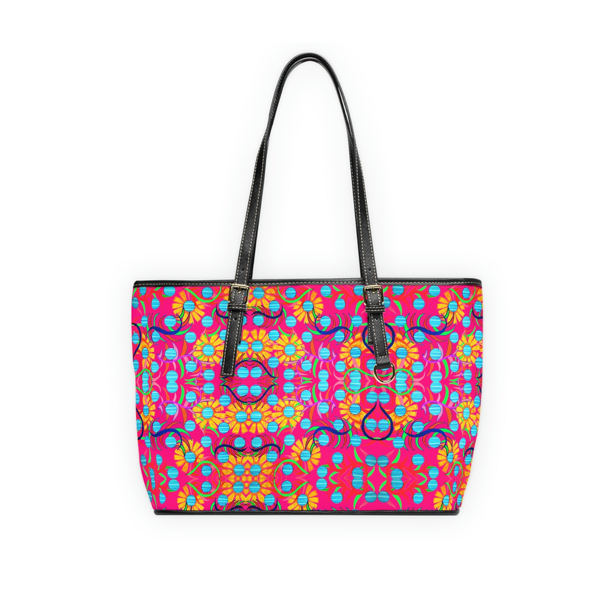hot pink pu leather sunflower print oversize tote bag