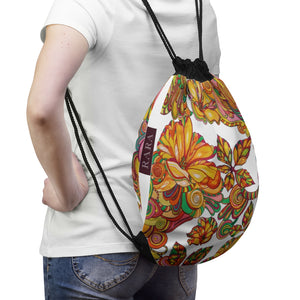White Artsy Florals Drawstring Bag