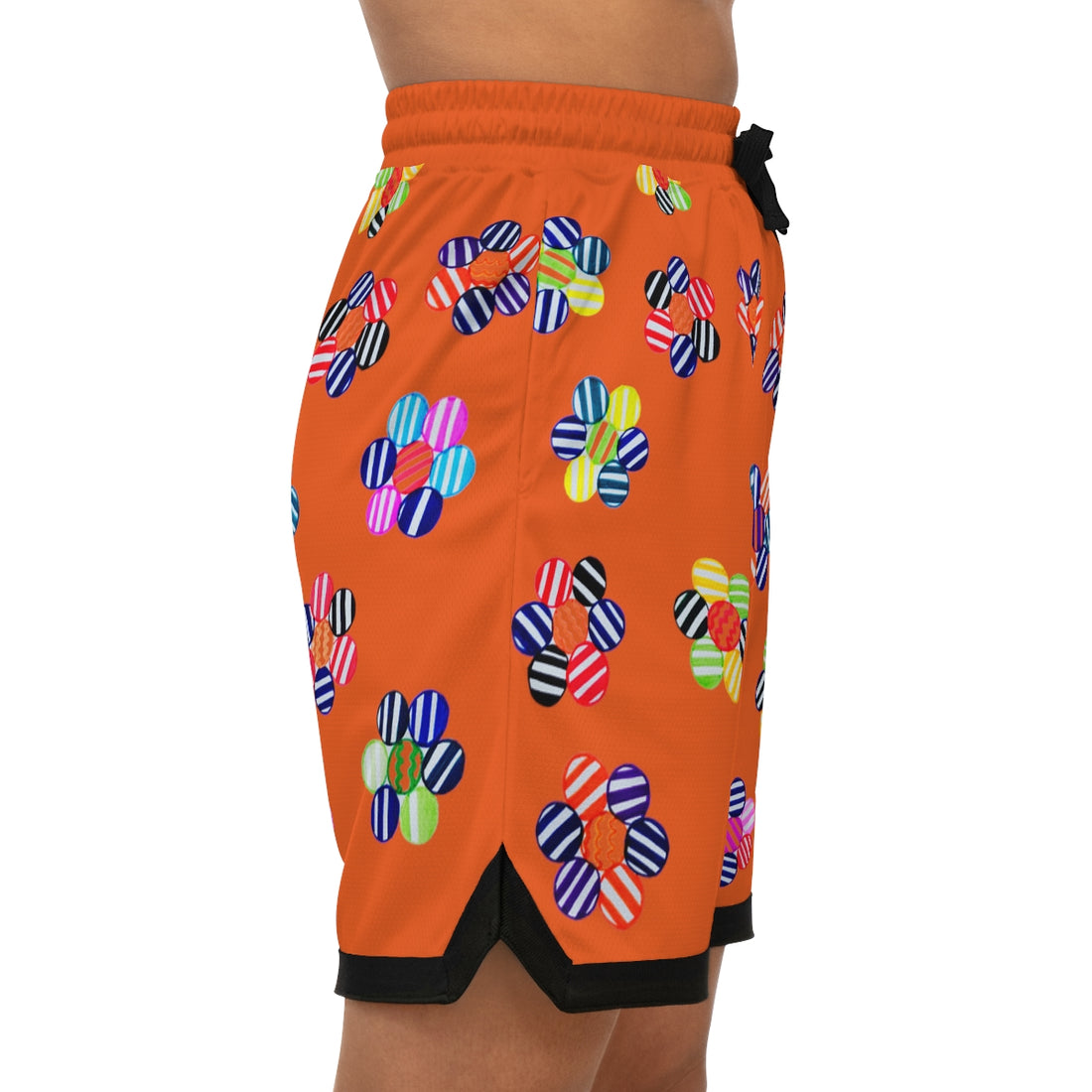 orange geometric floral print basketball shorts for men