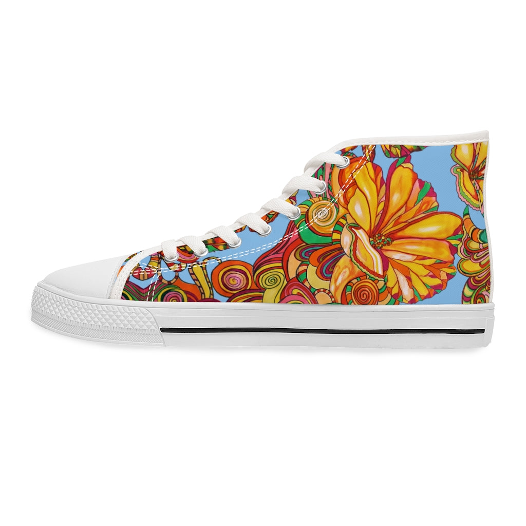 sky blue floral print canvas high top sneakers for women