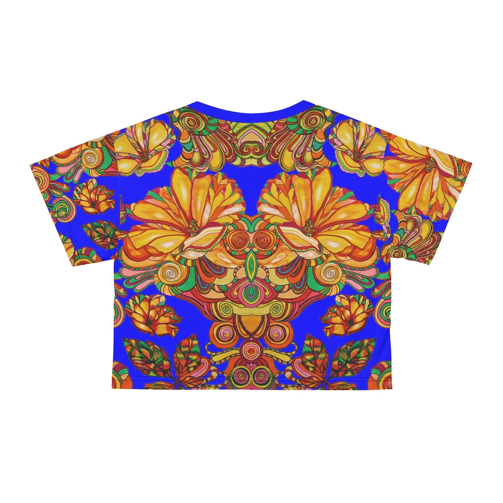 electric blue graphic floral print crop t-shirt