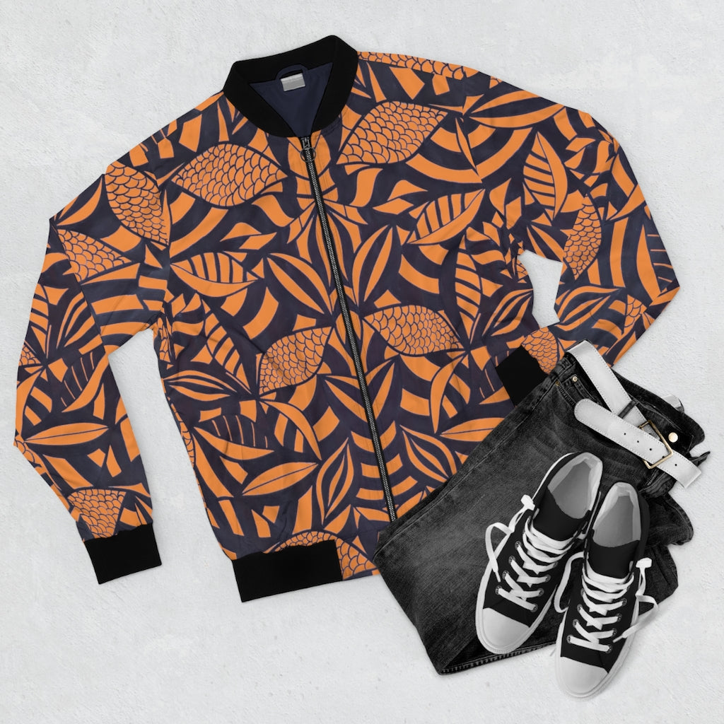 peach tropical leaves print men's bomber jacket