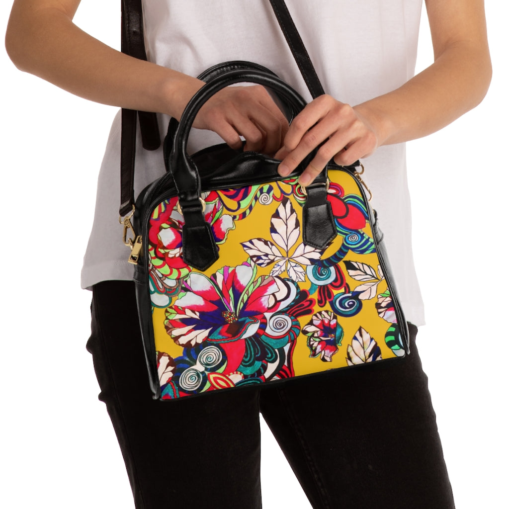 yellow graphic floral print handbag