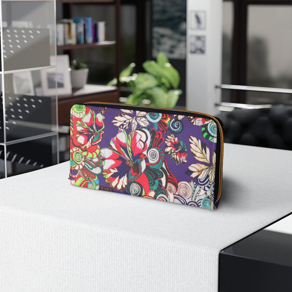 purple graphic floral pop wallet