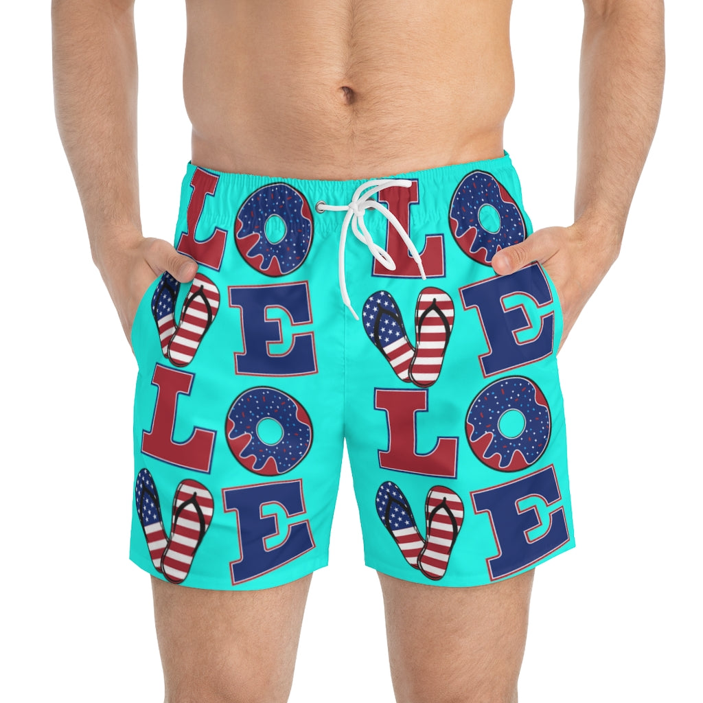 Men's American Love Cyan Swimming Trunks