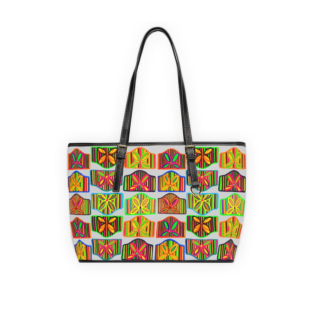 slate  pu leather zipper tote with multi colour art deco print