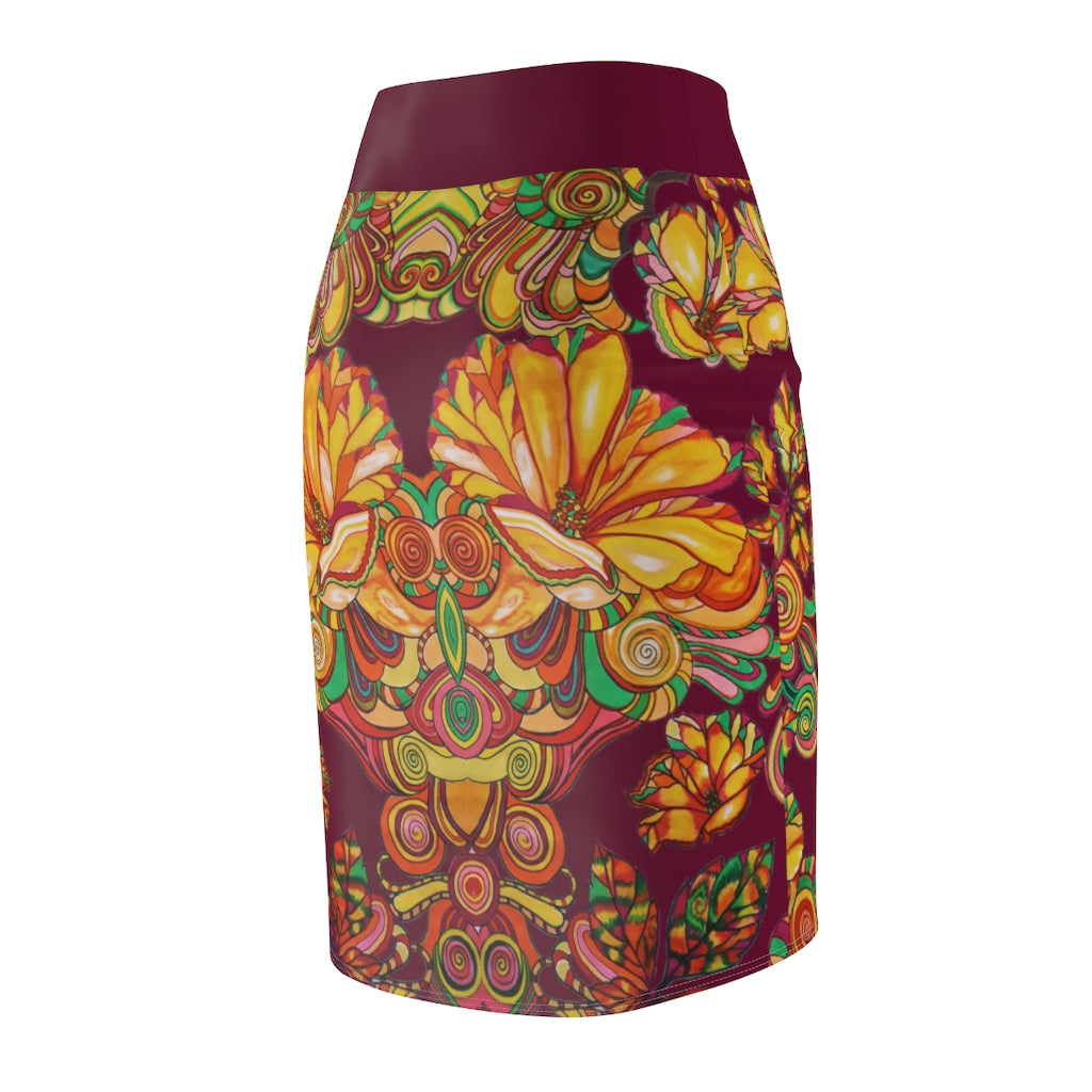 Artsy Floral Marsala Pencil Skirt