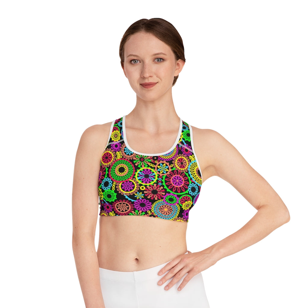 Black 70's Vibe Print (AOP) Sports Bra