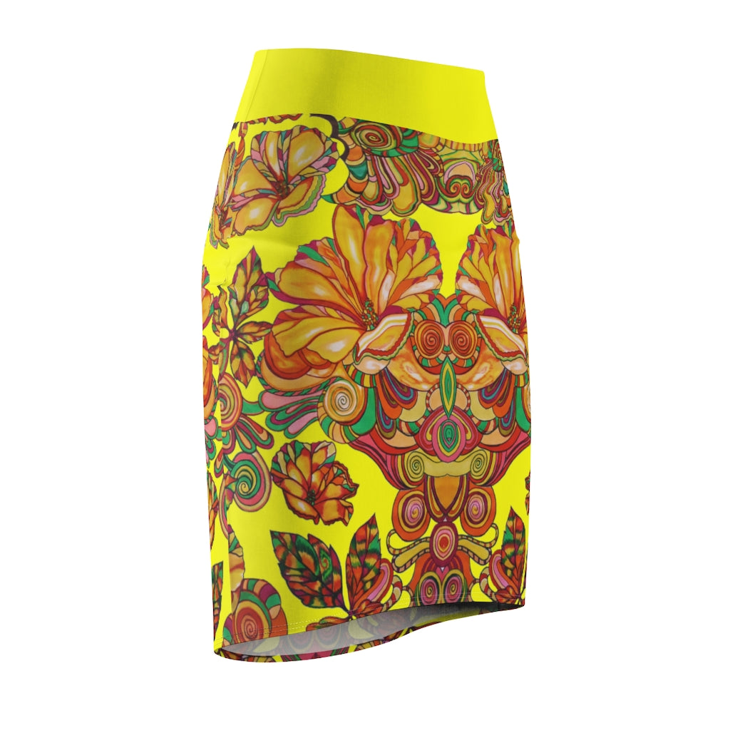 Artsy Floral Canary Pencil Skirt