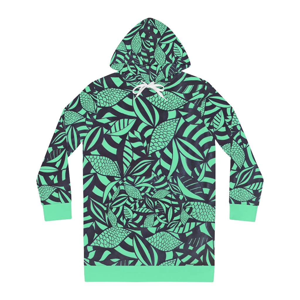 neo green tropical print hoodie dress