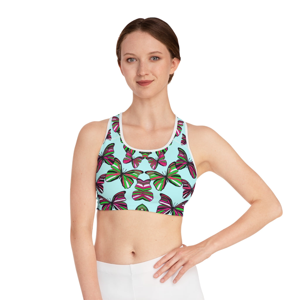 icy blue butterfly print sports bra