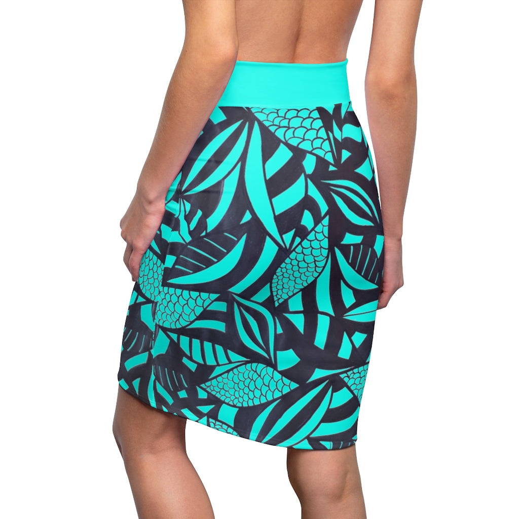 Tropical Minimalist Cyan Pencil Skirt