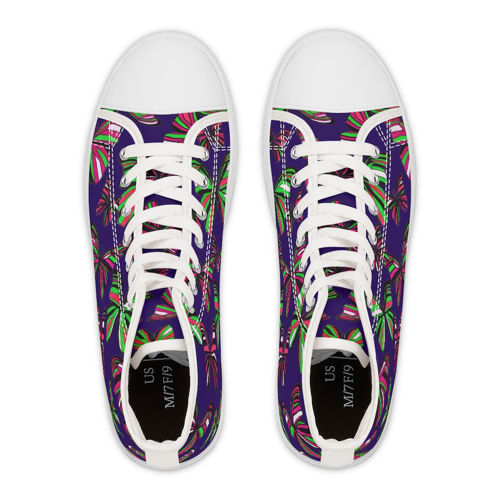 violet butterflyprint print women's hightop canvas sneakers 