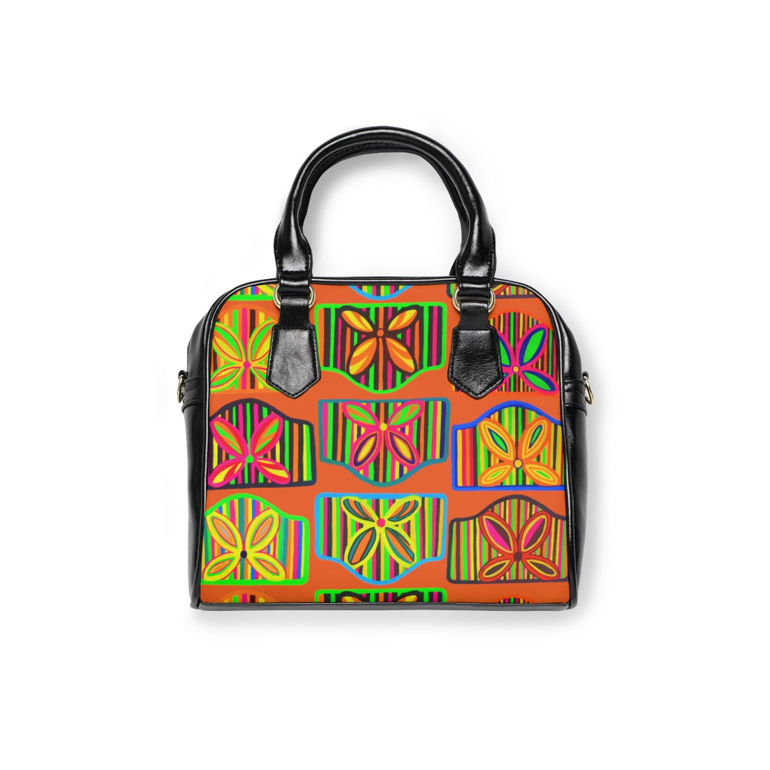 orange art deco print pu leather handbag