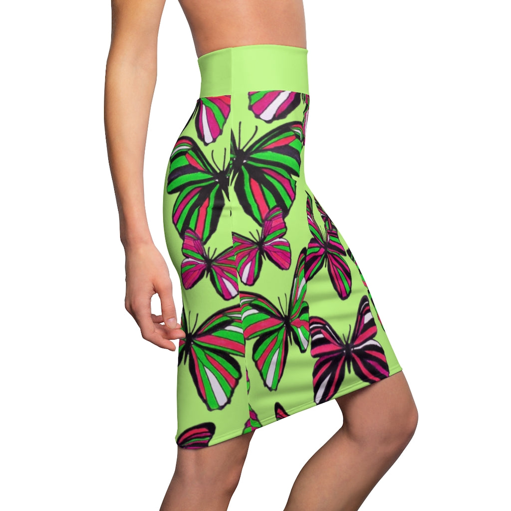 Lime Butterflies Pencil Skirt